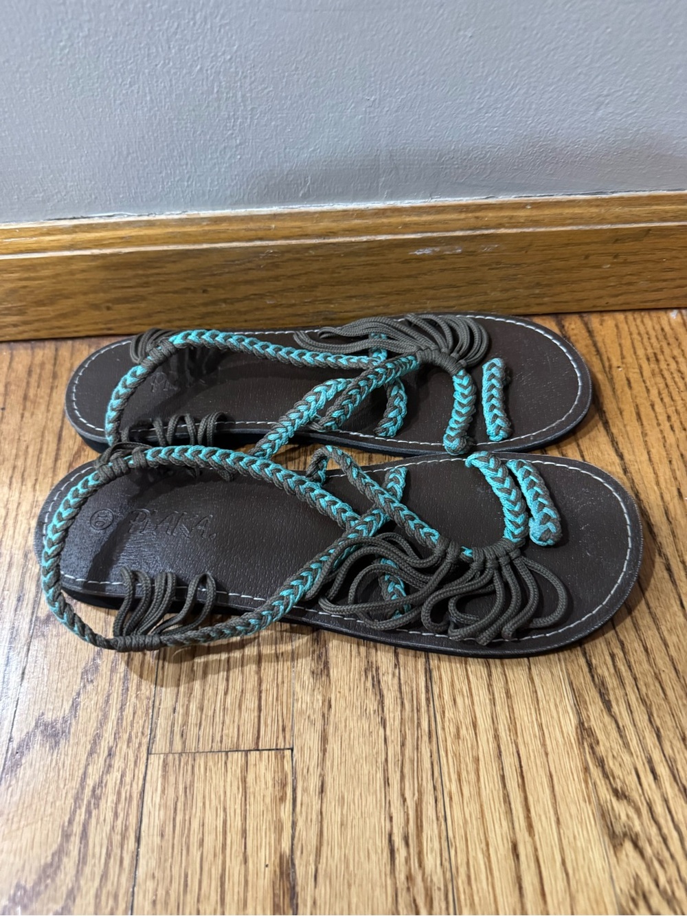 Plaka Braided Strappy Sandals in Teal and Brown Size 10